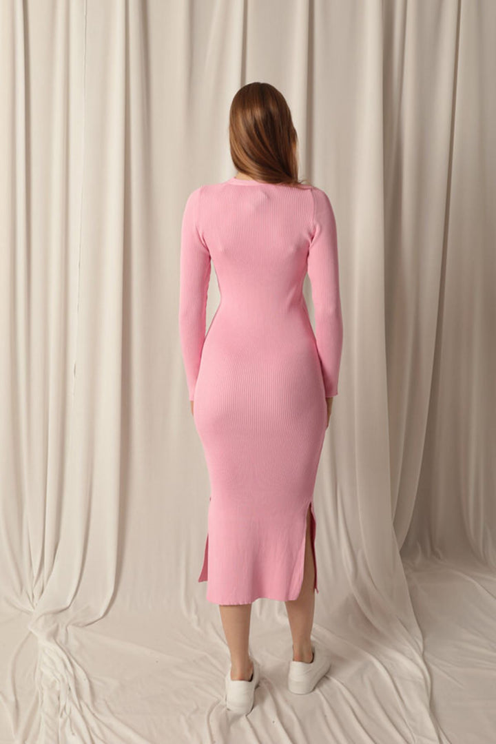 KKT Knitwear Fabric Buttoned Women's Pink Dress - Scheveningen