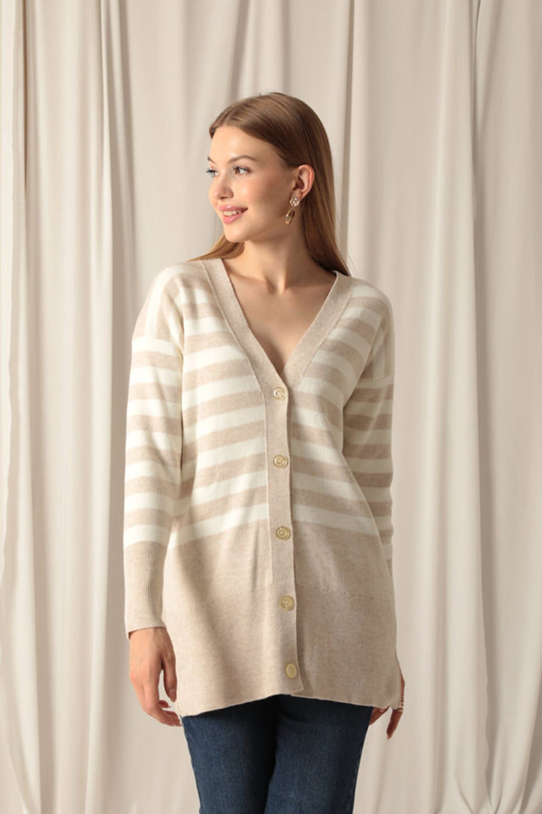 KKT Knitwear Fabric Striped Women's Stone Cardigan - Rivne