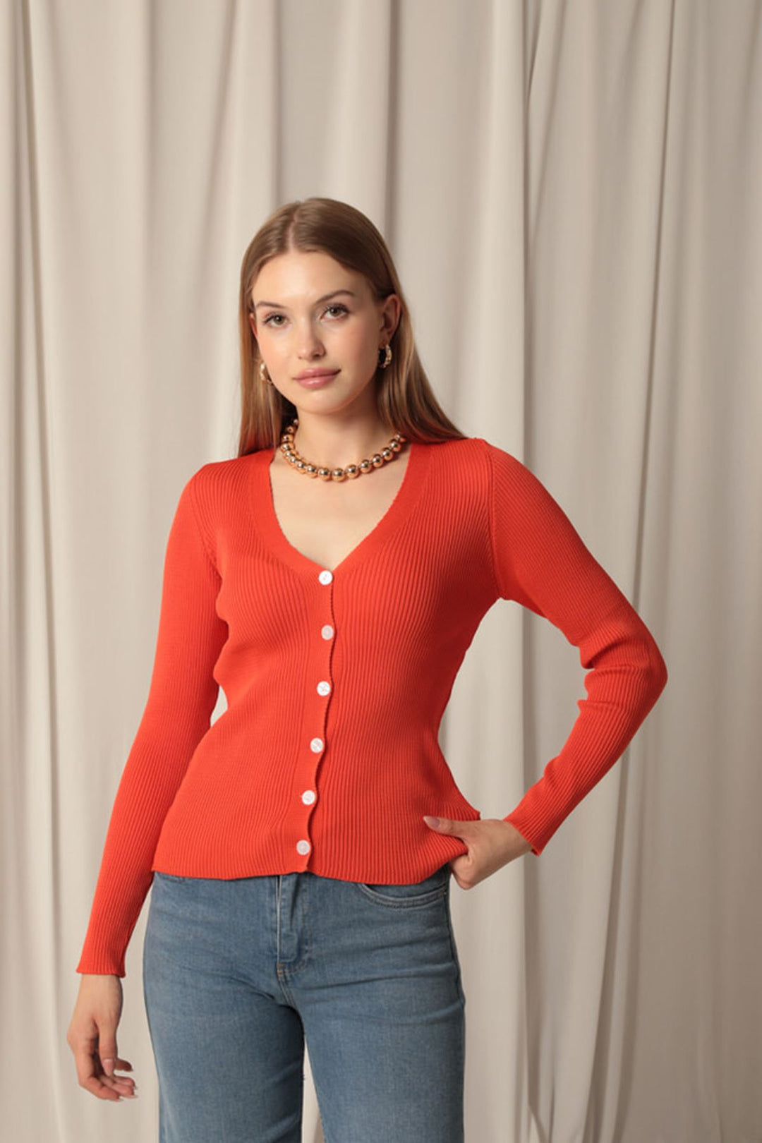 KKT Knitwear Fabric Buttoned Women's Orange Cardigan - Tinley Park