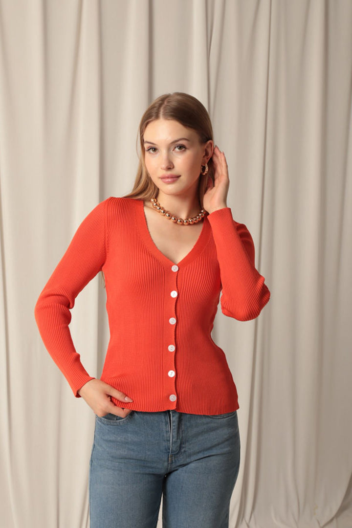 KKT Knitwear Fabric Buttoned Women's Orange Cardigan - Tinley Park