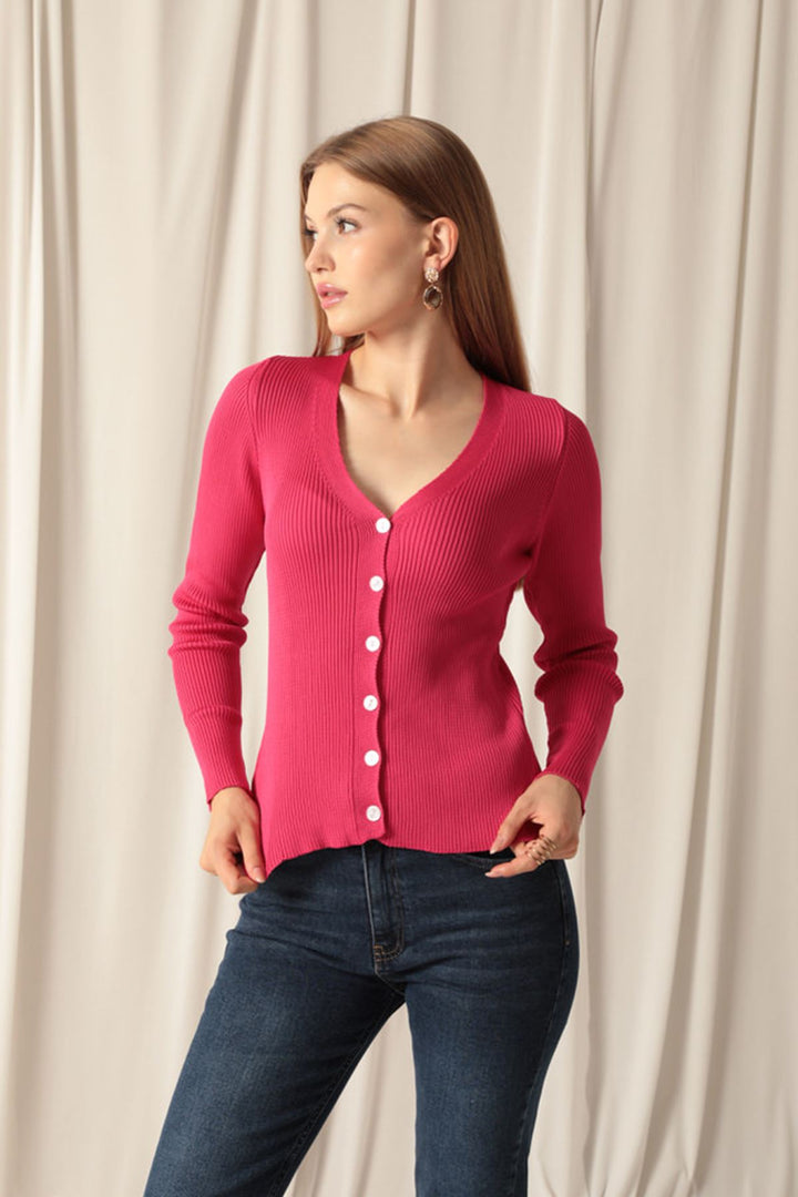 KKT Knitwear Fabric Buttoned Women's Fuchsia Cardigan - Tuxtepec