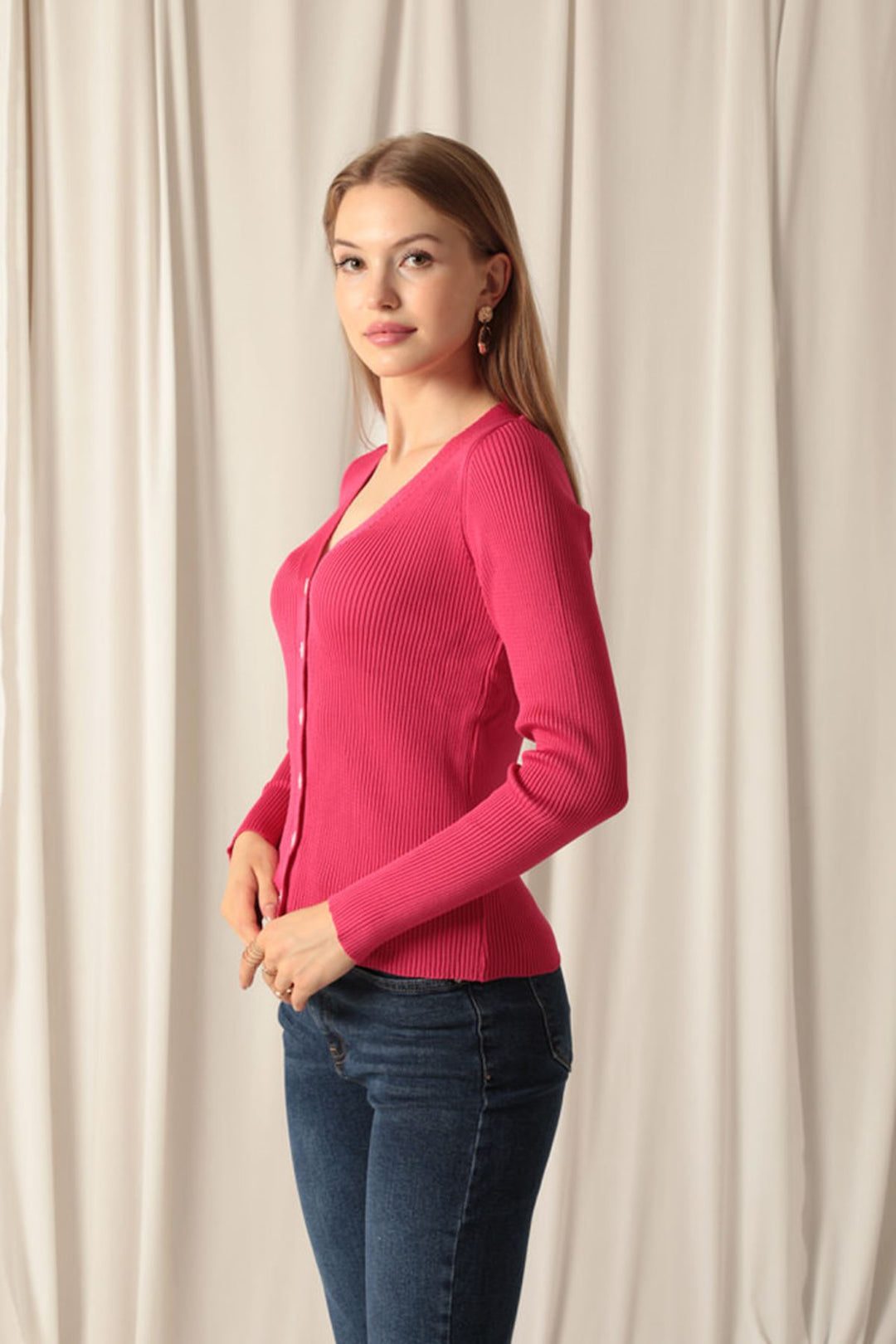 KKT Knitwear Fabric Buttoned Women's Fuchsia Cardigan - Tuxtepec