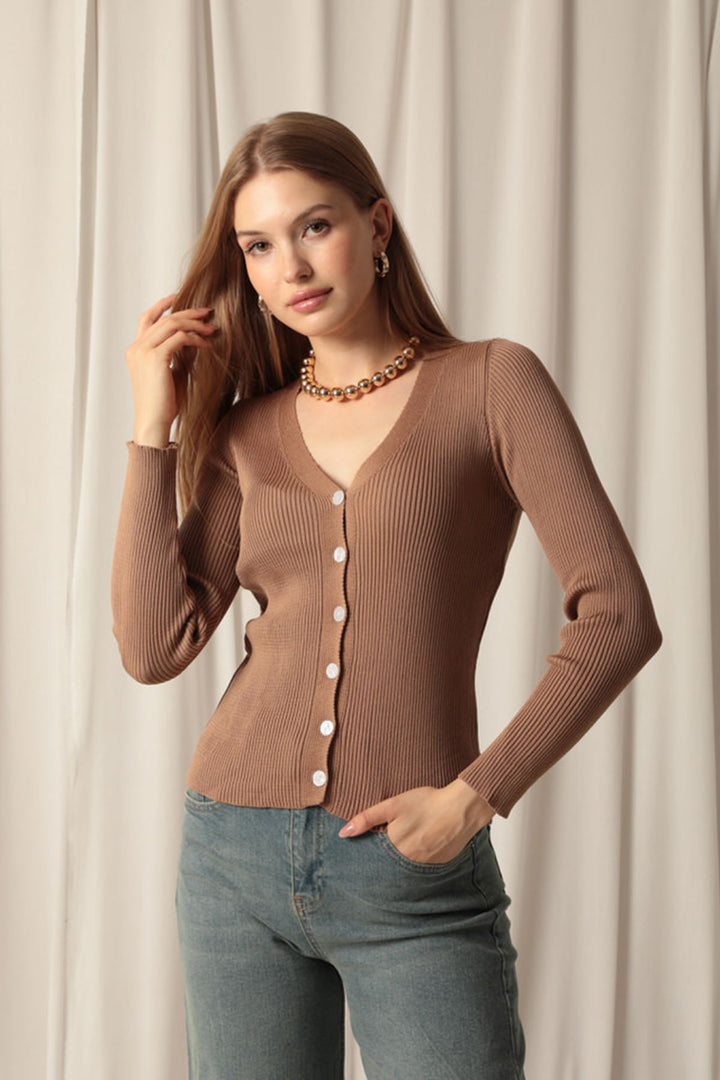 KKT Knitwear Fabric Buttoned Women's Brown Cardigan - Hoorn