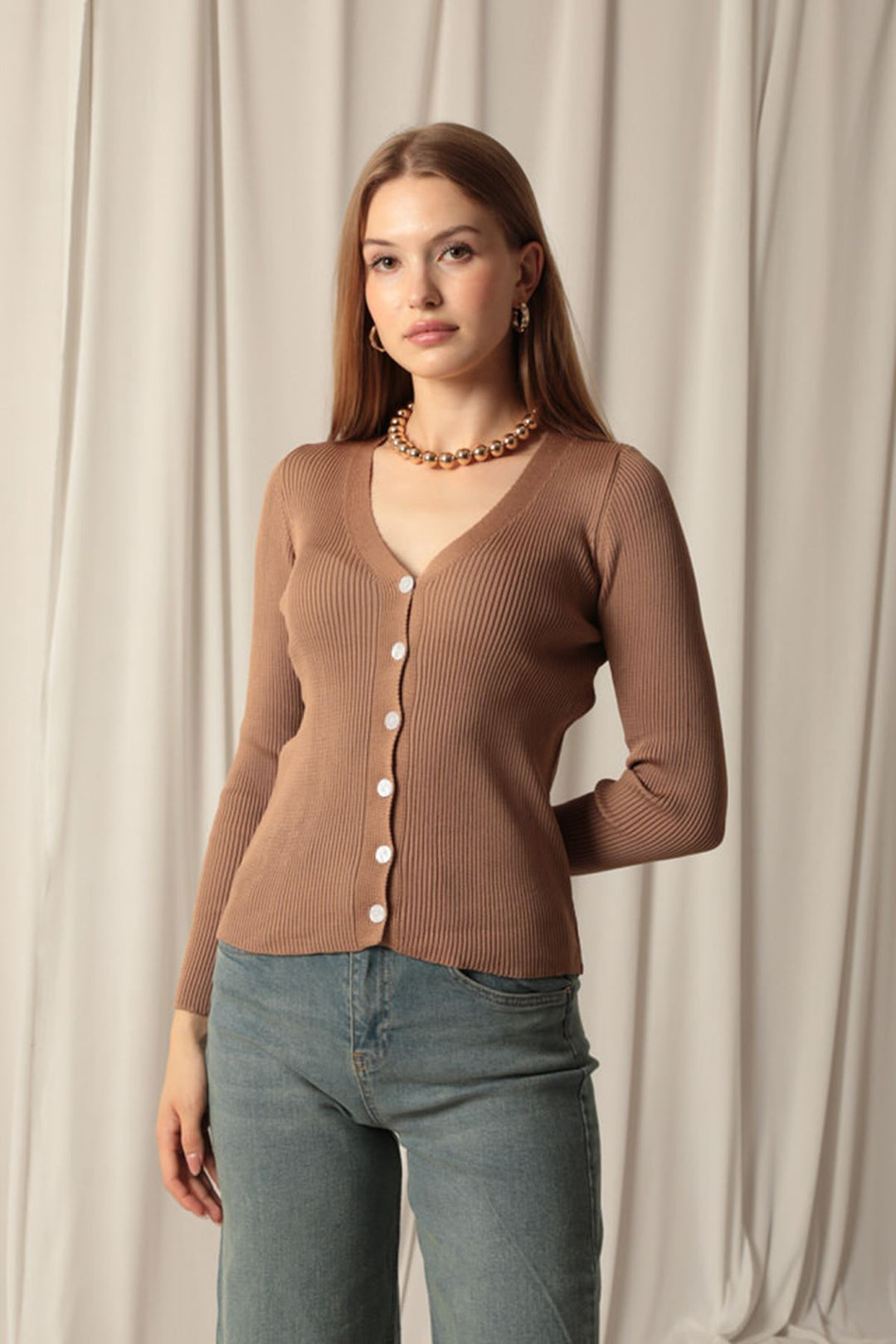 KKT Knitwear Fabric Buttoned Women's Brown Cardigan - Hoorn