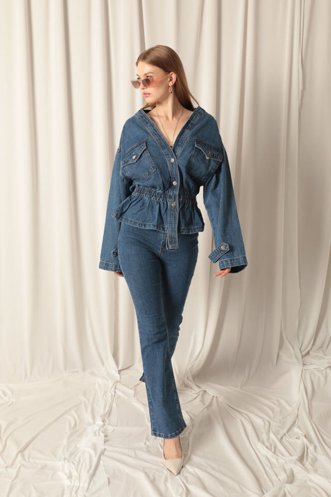 KKT Denim Fabric Elastic Waist Women's Blue Jeans Jacket - Ocoyoacac