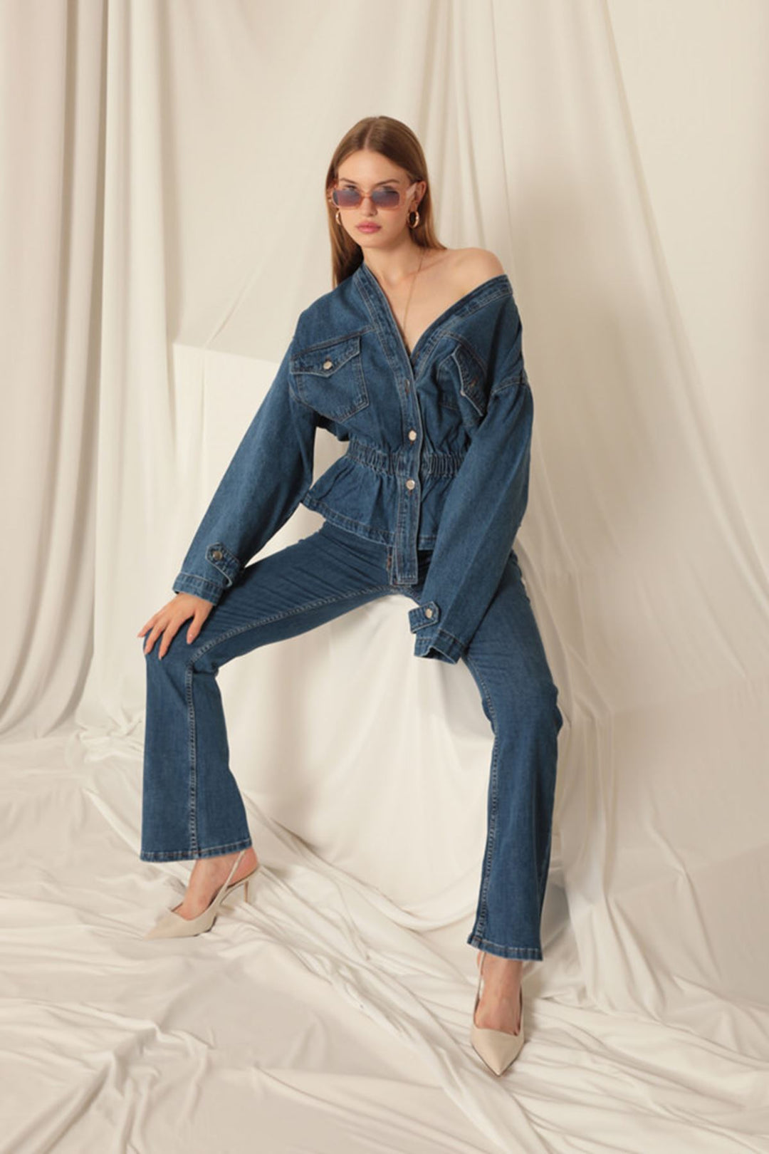 KKT Denim Fabric Elastic Waist Women's Blue Jeans Jacket - Ocoyoacac