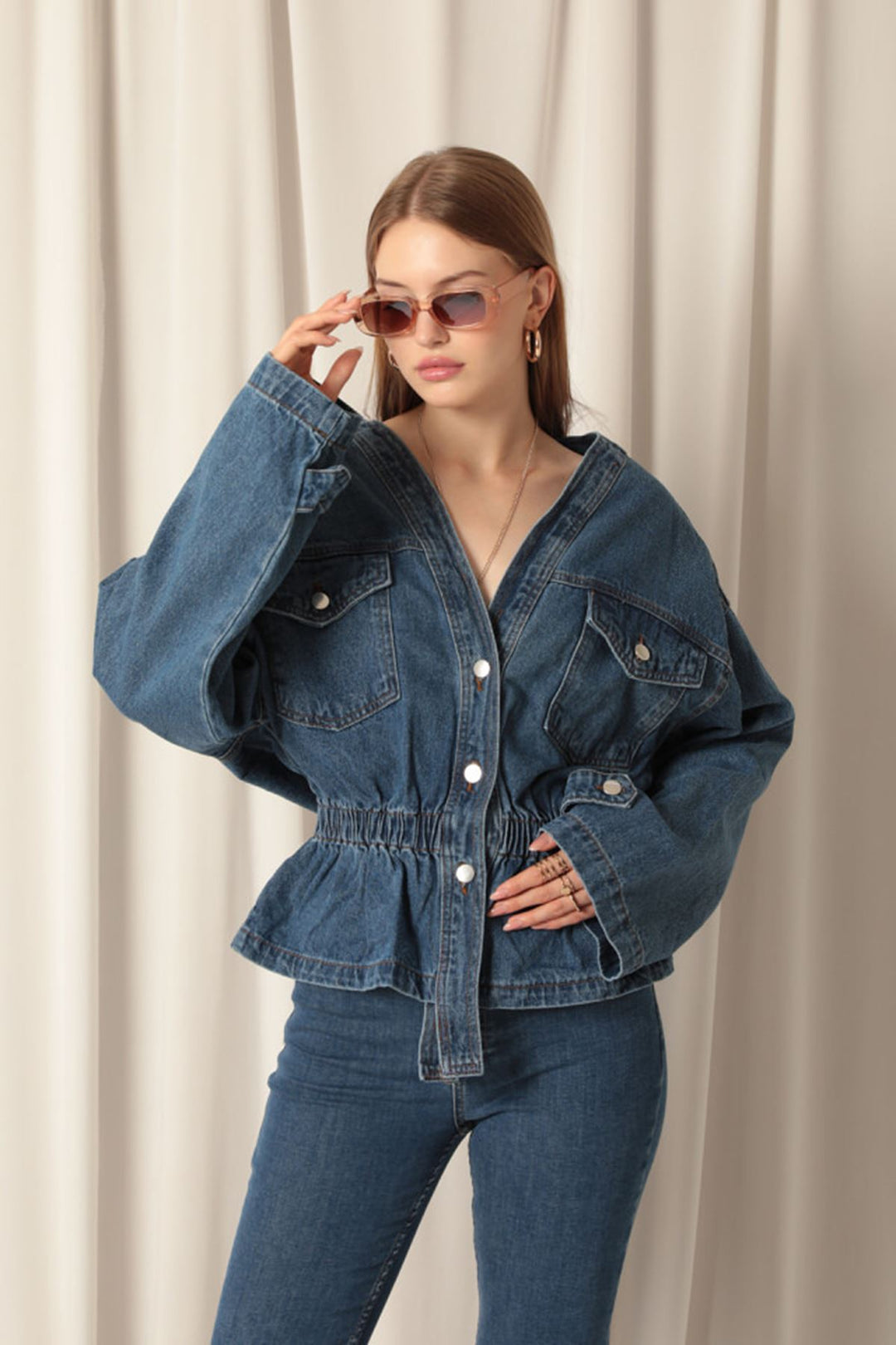 KKT Denim Fabric Elastic Waist Women's Blue Jeans Jacket - Ocoyoacac