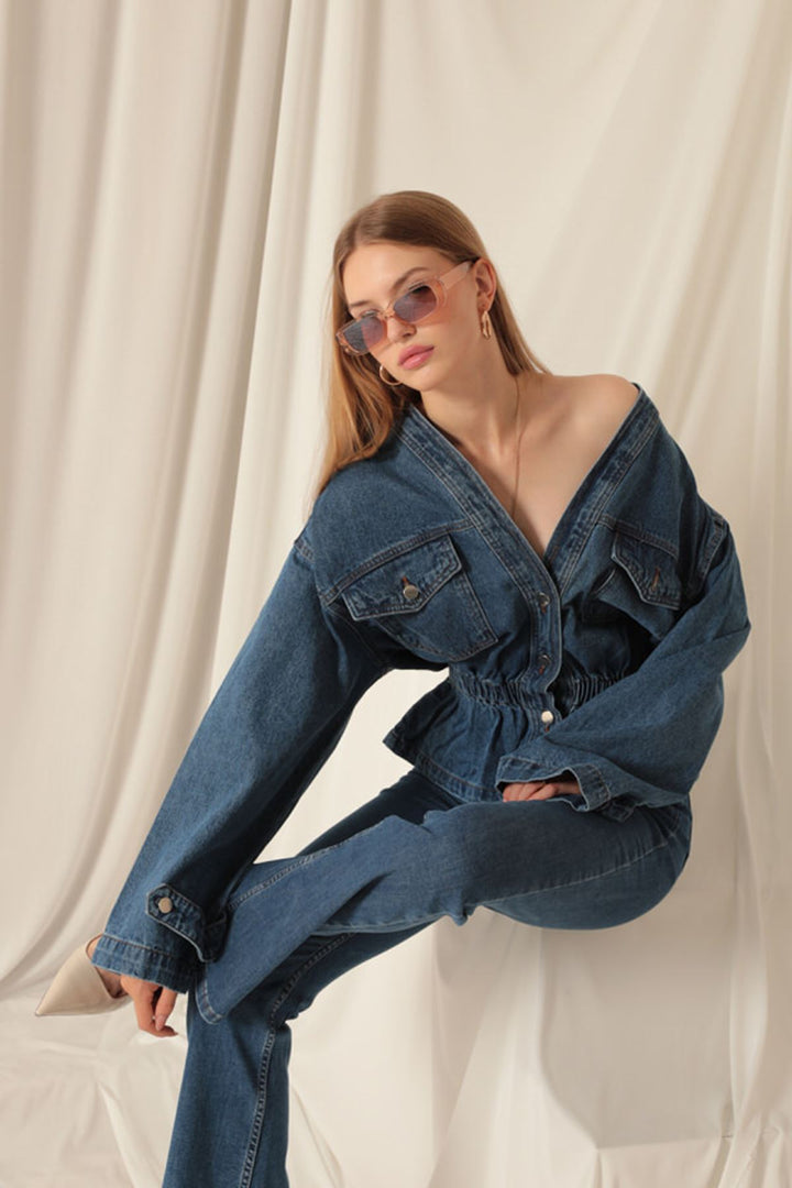 KKT Denim Fabric Elastic Waist Women's Blue Jeans Jacket - Ocoyoacac