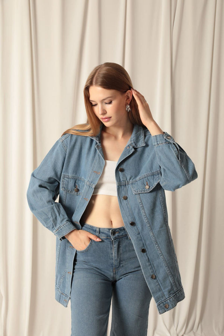 KKT Denim Fabric Pocket Detail Women's Blue Denim Jacket - Weert