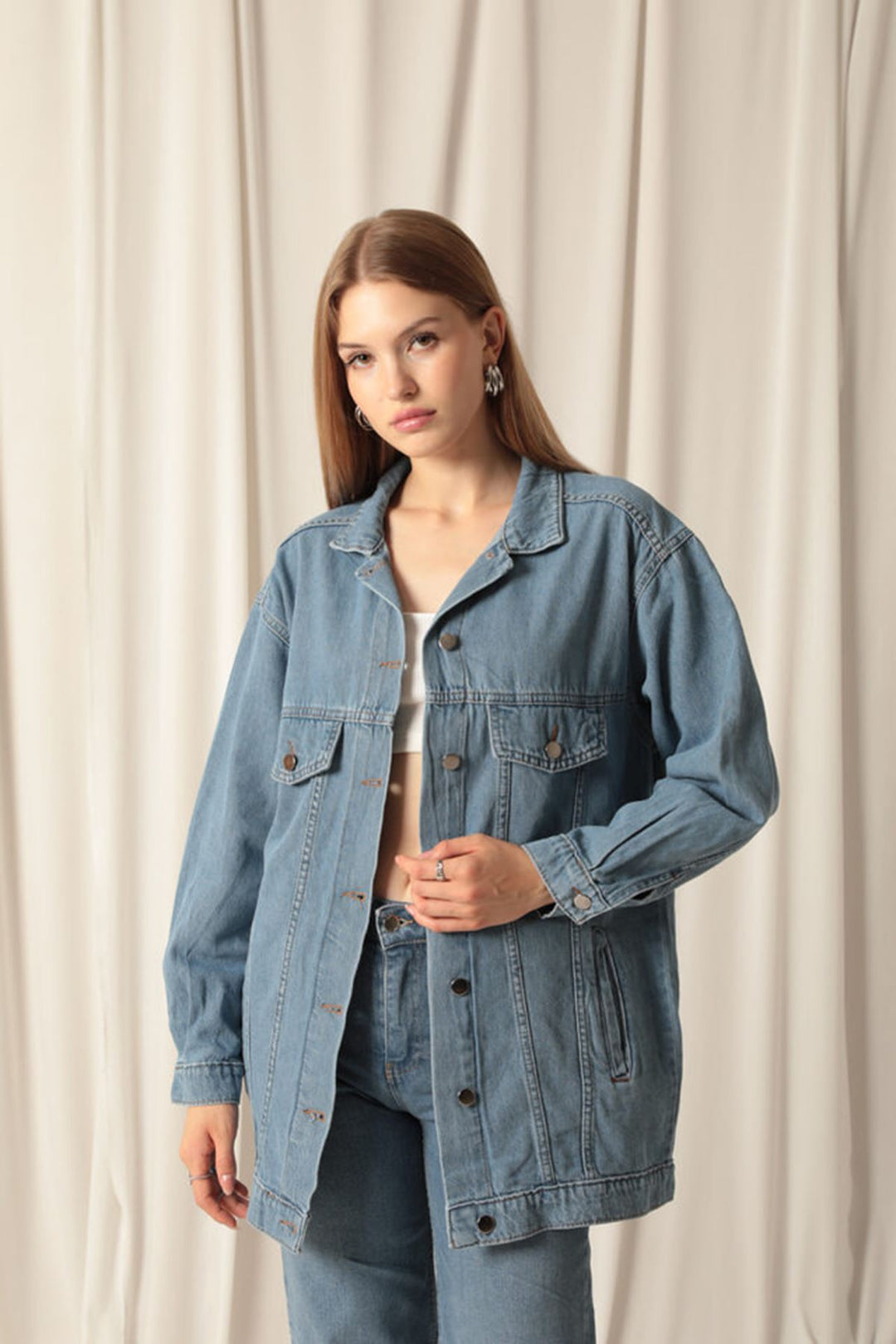 KKT Denim Fabric Pocket Detail Women's Blue Denim Jacket - Weert