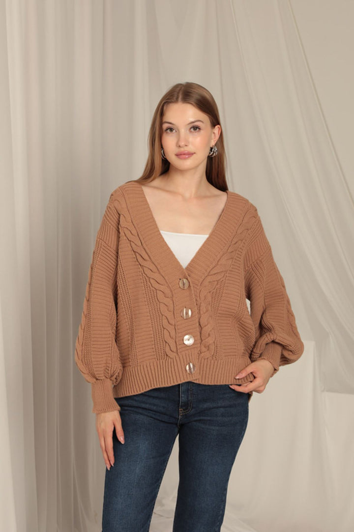 KKT Women's Tan Cardigan with Knitwear Fabric Knit Detail - Menifee