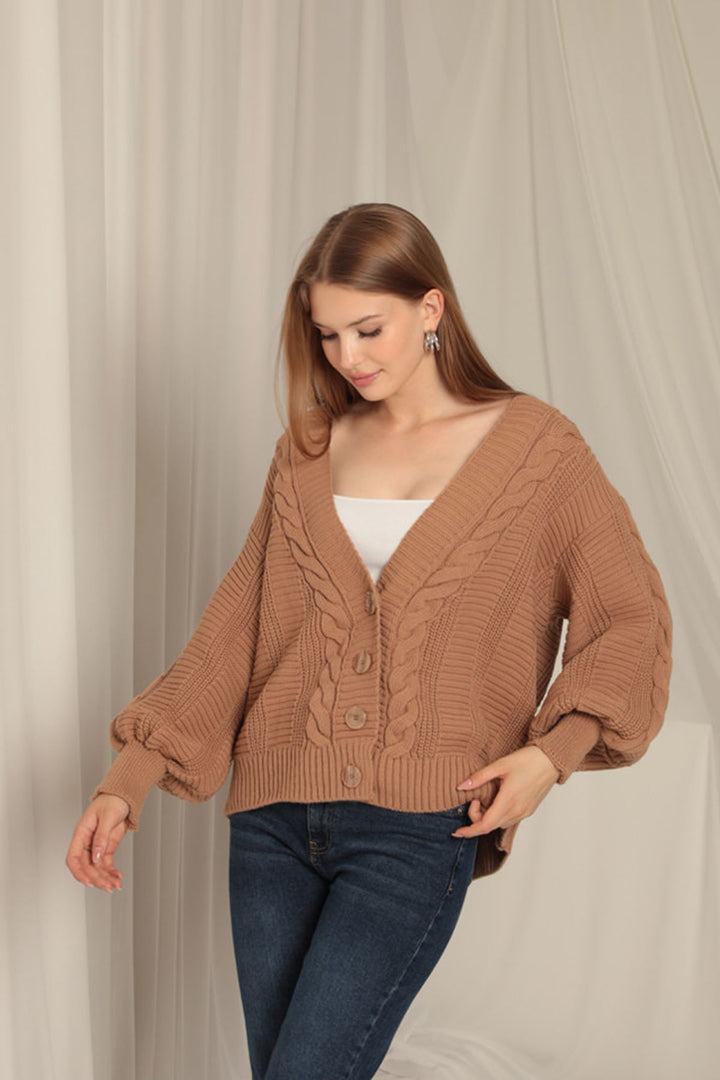 KKT Women's Tan Cardigan with Knitwear Fabric Knit Detail - Menifee