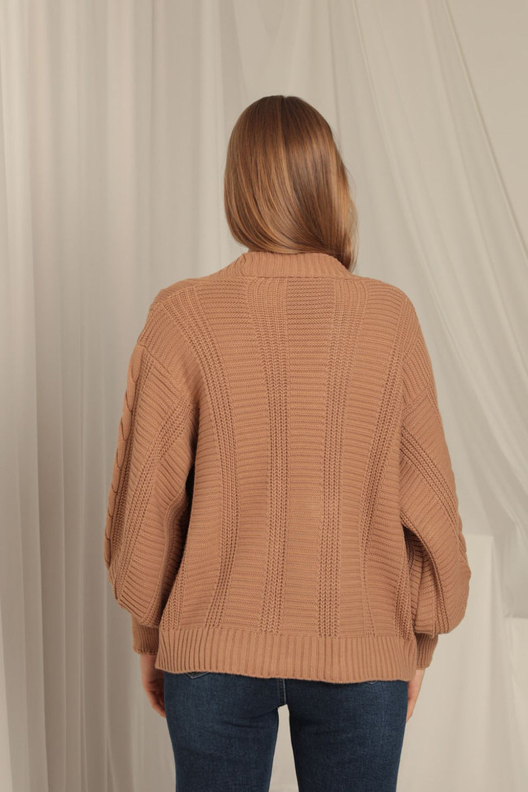 KKT Women's Tan Cardigan with Knitwear Fabric Knit Detail - Menifee