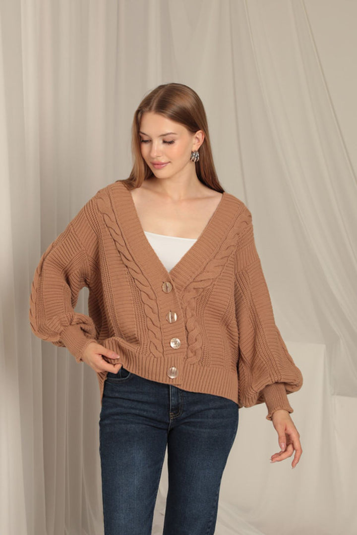 KKT Women's Tan Cardigan with Knitwear Fabric Knit Detail - Menifee