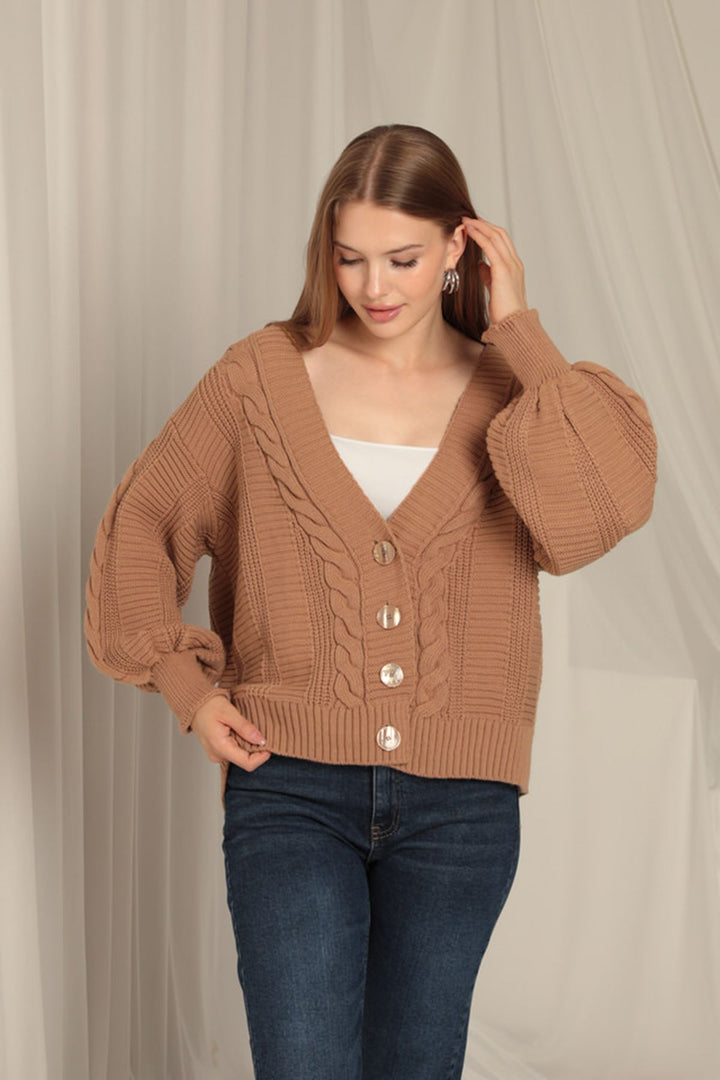 KKT Women's Tan Cardigan with Knitwear Fabric Knit Detail - Menifee