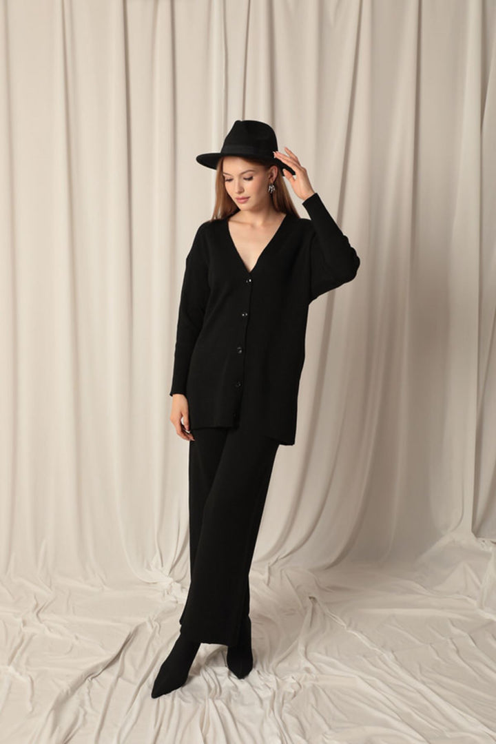 KKT Knitwear Fabric Plain Cardigan Women's Black Suit - Maspalomas