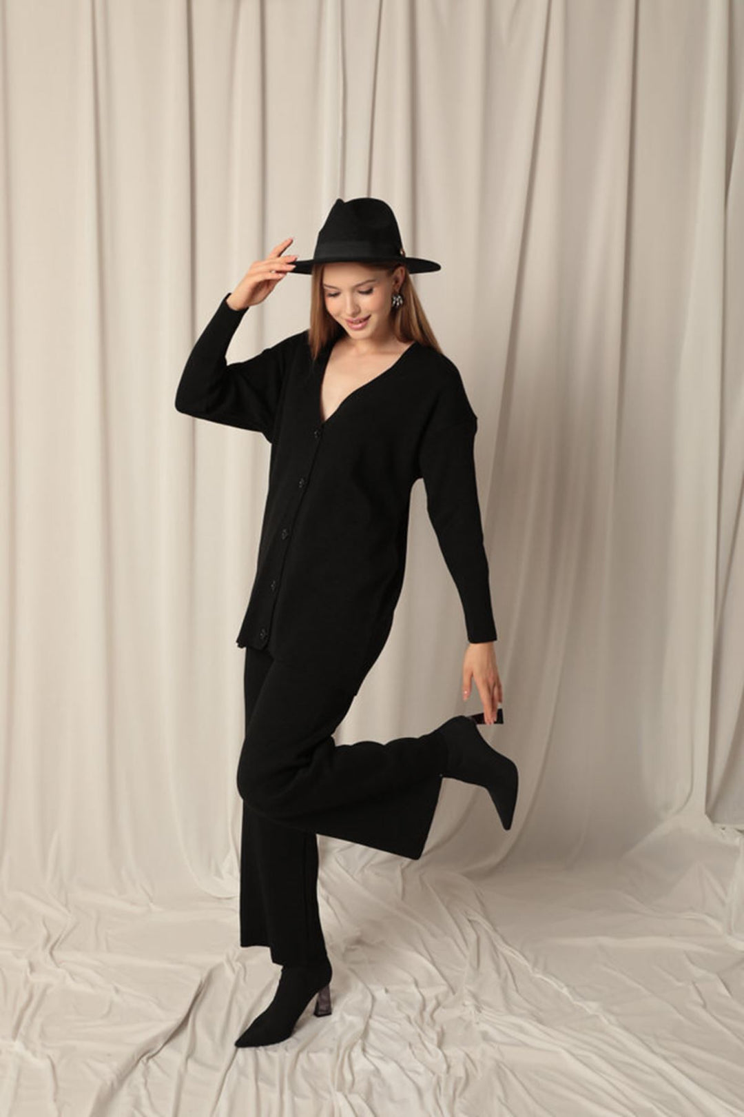 KKT Knitwear Fabric Plain Cardigan Women's Black Suit - Maspalomas