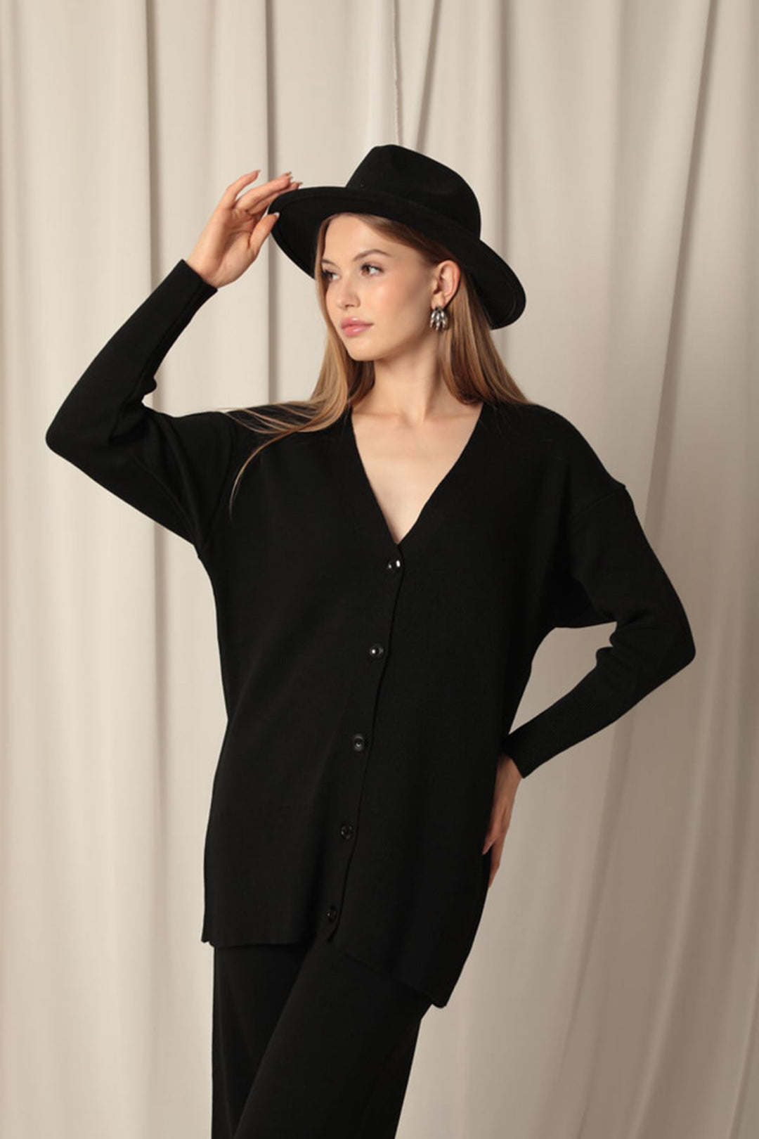 KKT Knitwear Fabric Plain Cardigan Women's Black Suit - Maspalomas