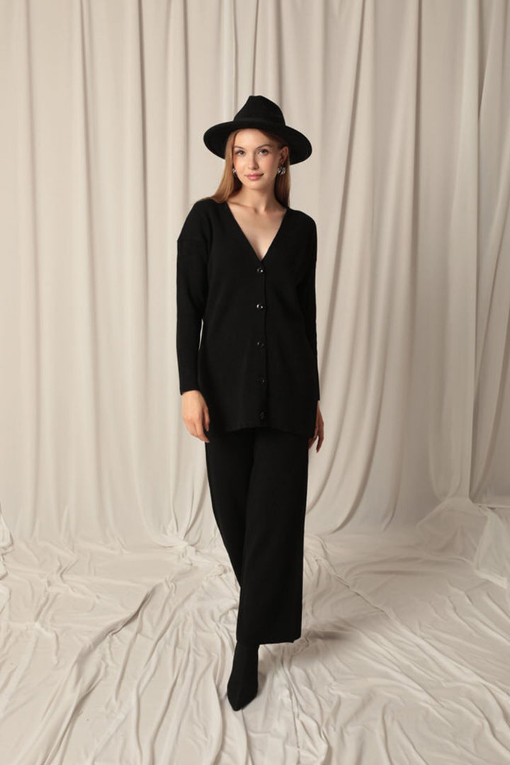 KKT Knitwear Fabric Plain Cardigan Women's Black Suit - Maspalomas