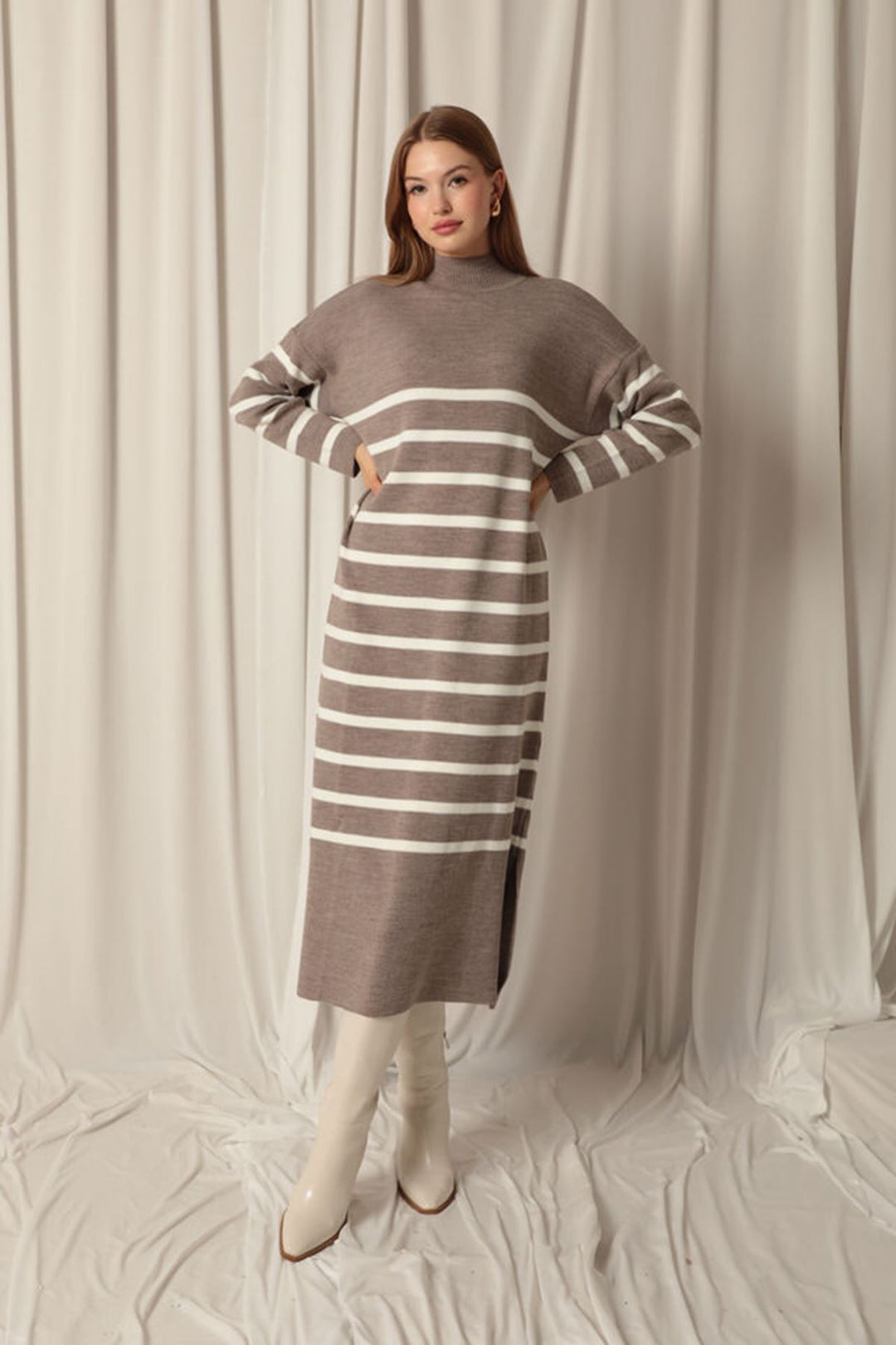 KKT Knit Fabric Turtleneck Striped Mink Dress - Corsico