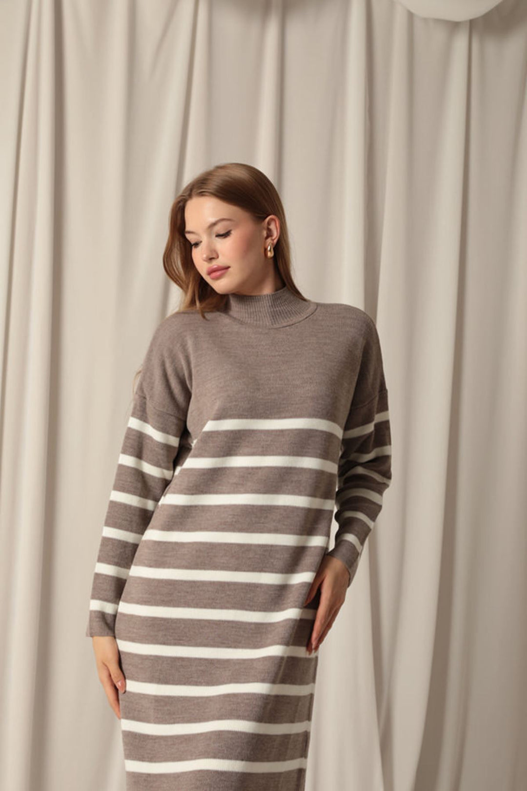 KKT Knit Fabric Turtleneck Striped Mink Dress - Corsico