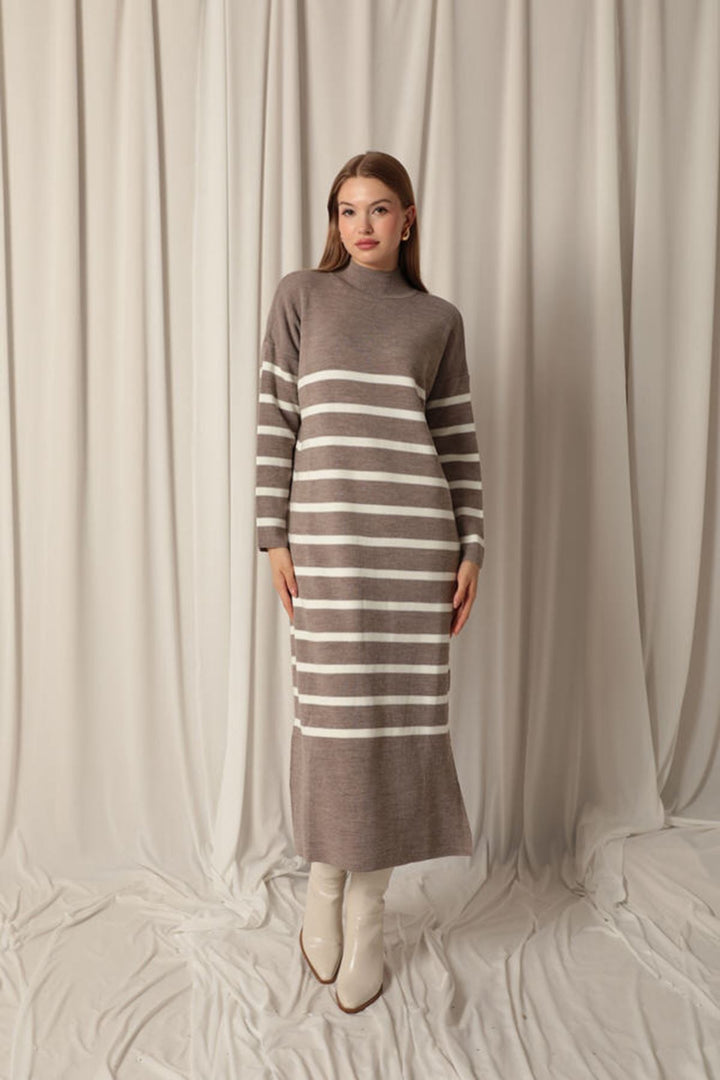 KKT Knit Fabric Turtleneck Striped Mink Dress - Corsico