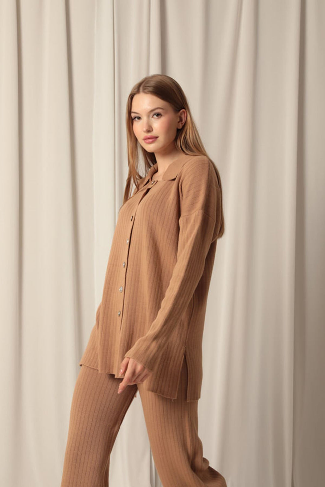 KKT Knitted Fabric Corduroy Women's Tan Suit - Belfort