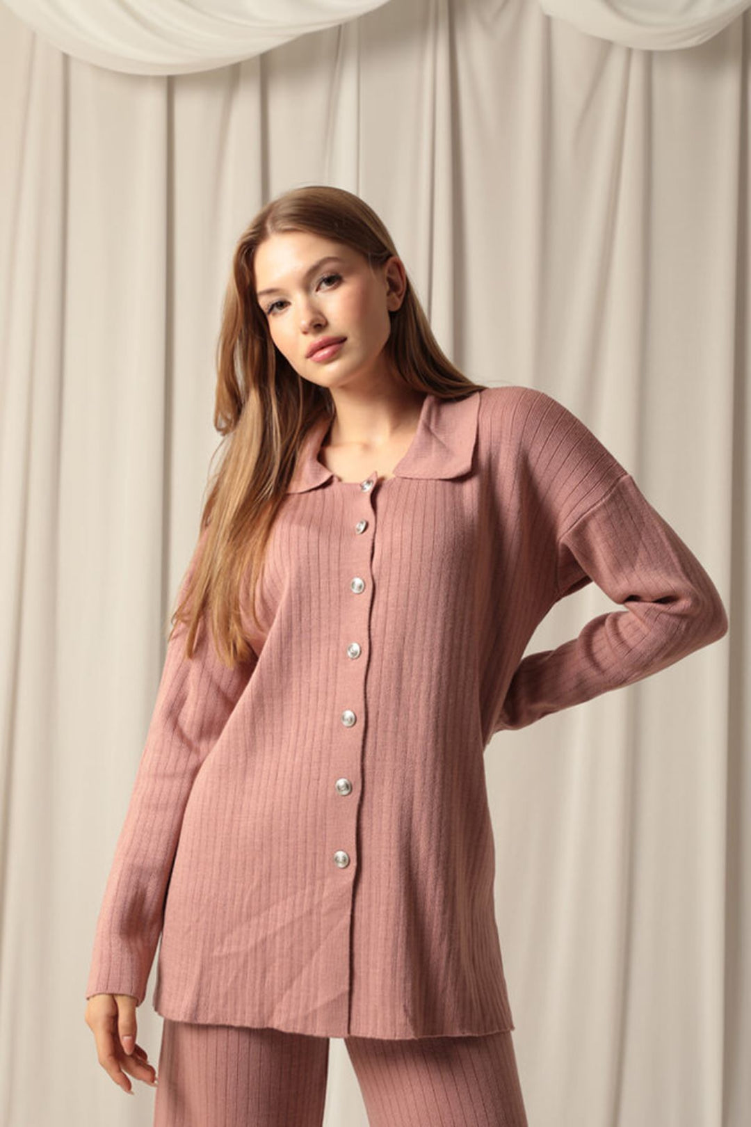 KKT Knitted Fabric Corduroy Women's Dusty Rose Suit - Tiel