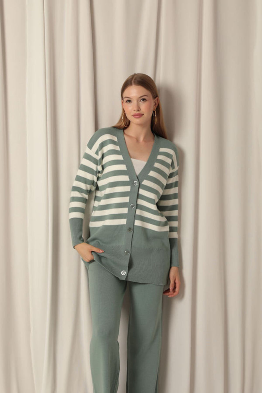 KKT Knitwear Fabric Striped Women's Cardigan Mint Set - Montrouge