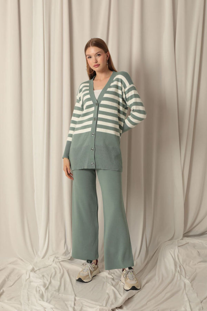 KKT Knitwear Fabric Striped Women's Cardigan Mint Set - Montrouge