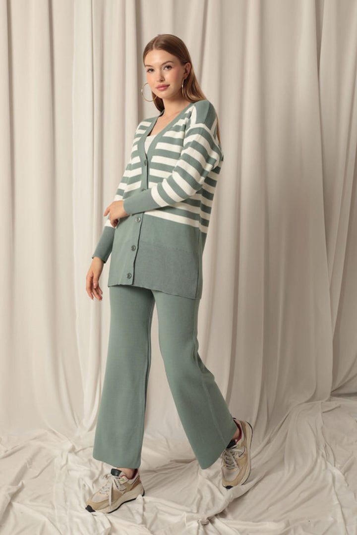 KKT Knitwear Fabric Striped Women's Cardigan Mint Set - Montrouge