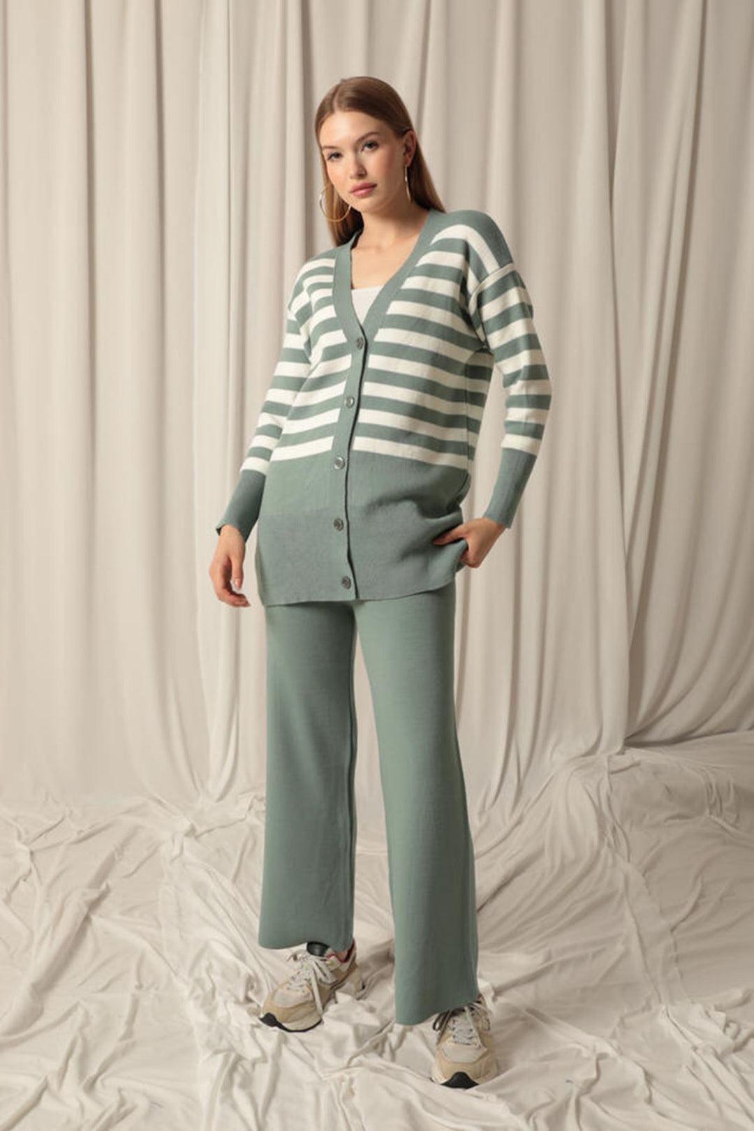 KKT Knitwear Fabric Striped Women's Cardigan Mint Set - Montrouge