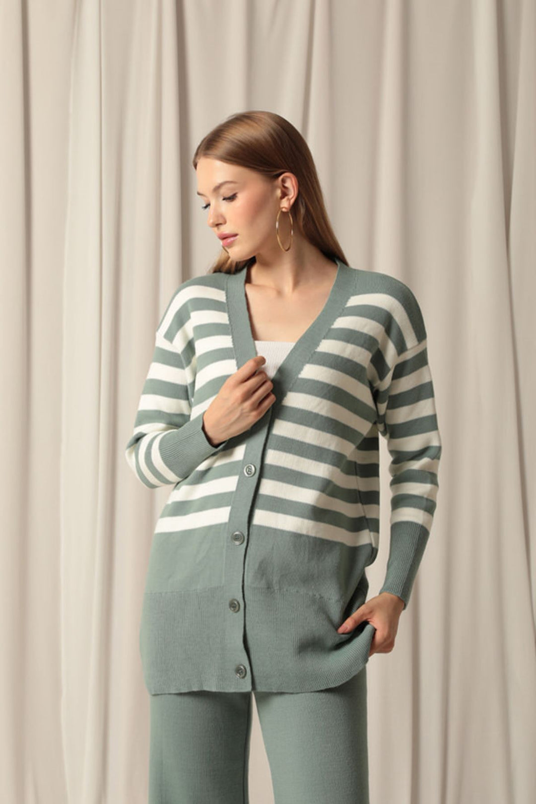 KKT Knitwear Fabric Striped Women's Cardigan Mint Set - Montrouge