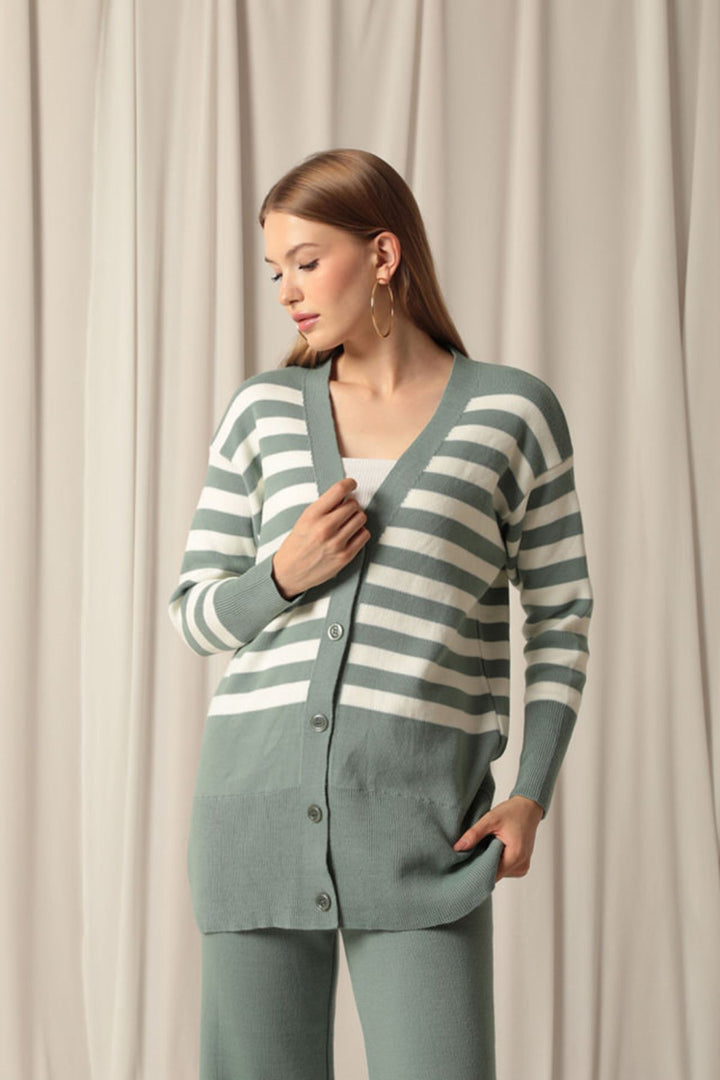 KKT Knitwear Fabric Striped Women's Cardigan Mint Set - Montrouge