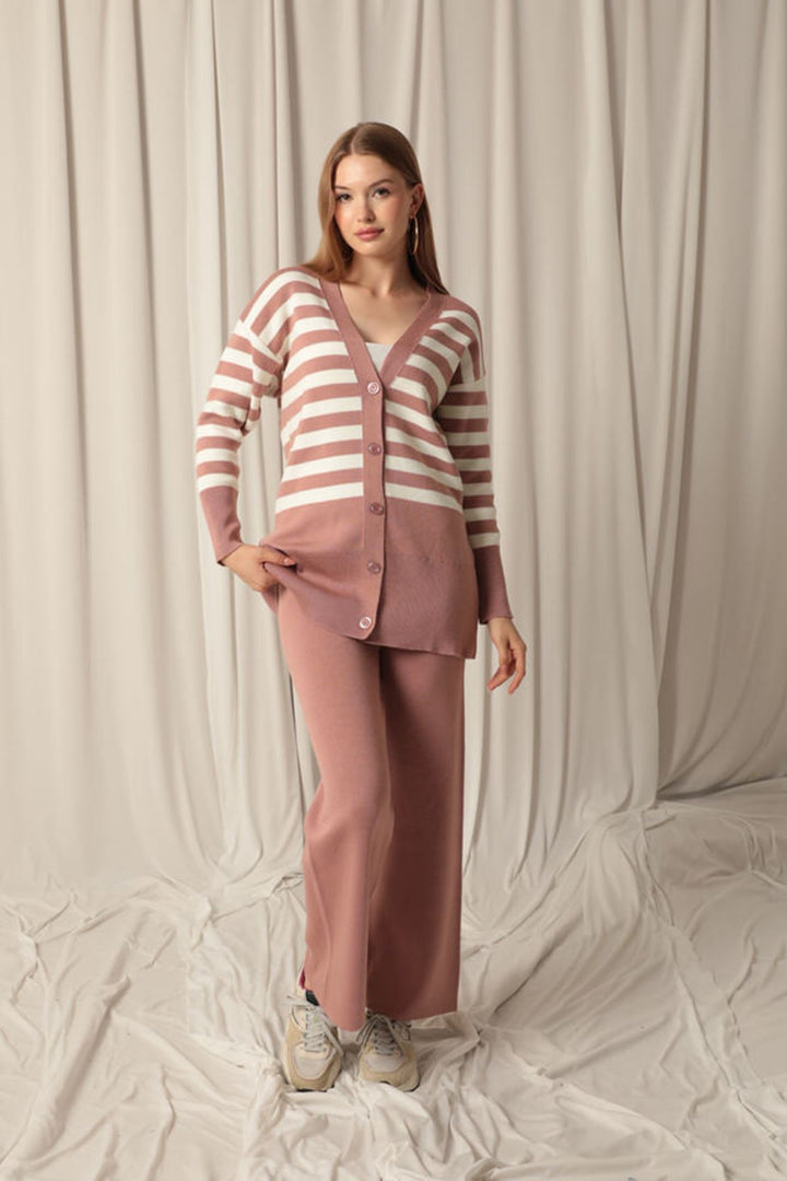 KKT Knitwear Fabric Striped Women's Cardigan Powder Set - Encinitas