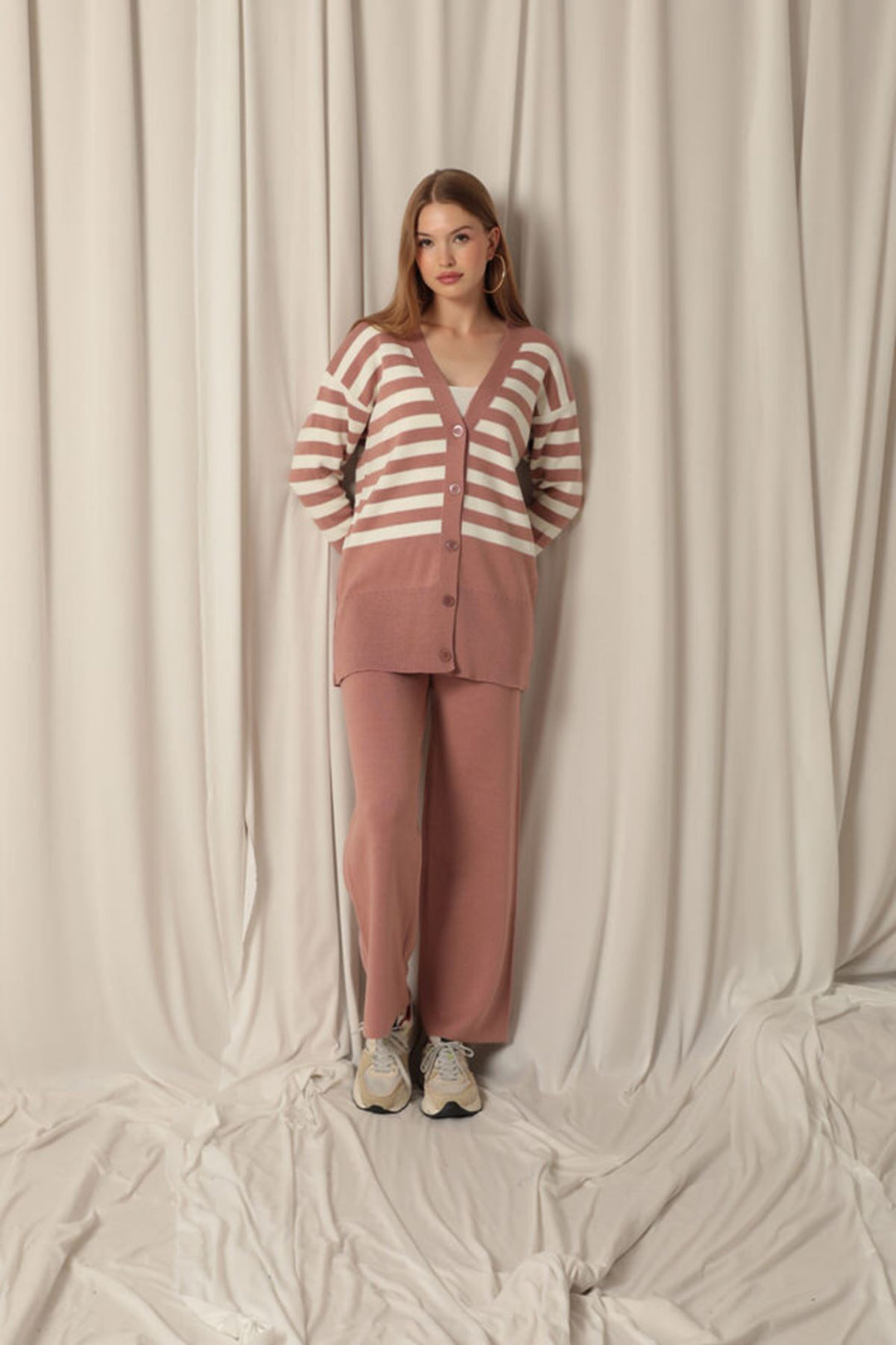 KKT Knitwear Fabric Striped Women's Cardigan Powder Set - Encinitas