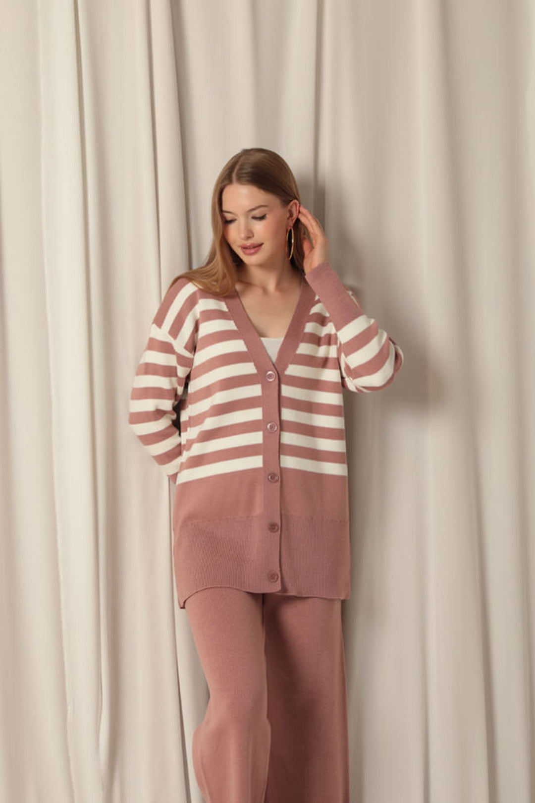 KKT Knitwear Fabric Striped Women's Cardigan Powder Set - Encinitas