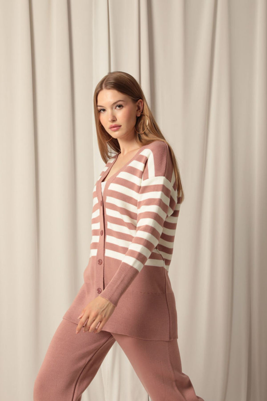 KKT Knitwear Fabric Striped Women's Cardigan Powder Set - Encinitas