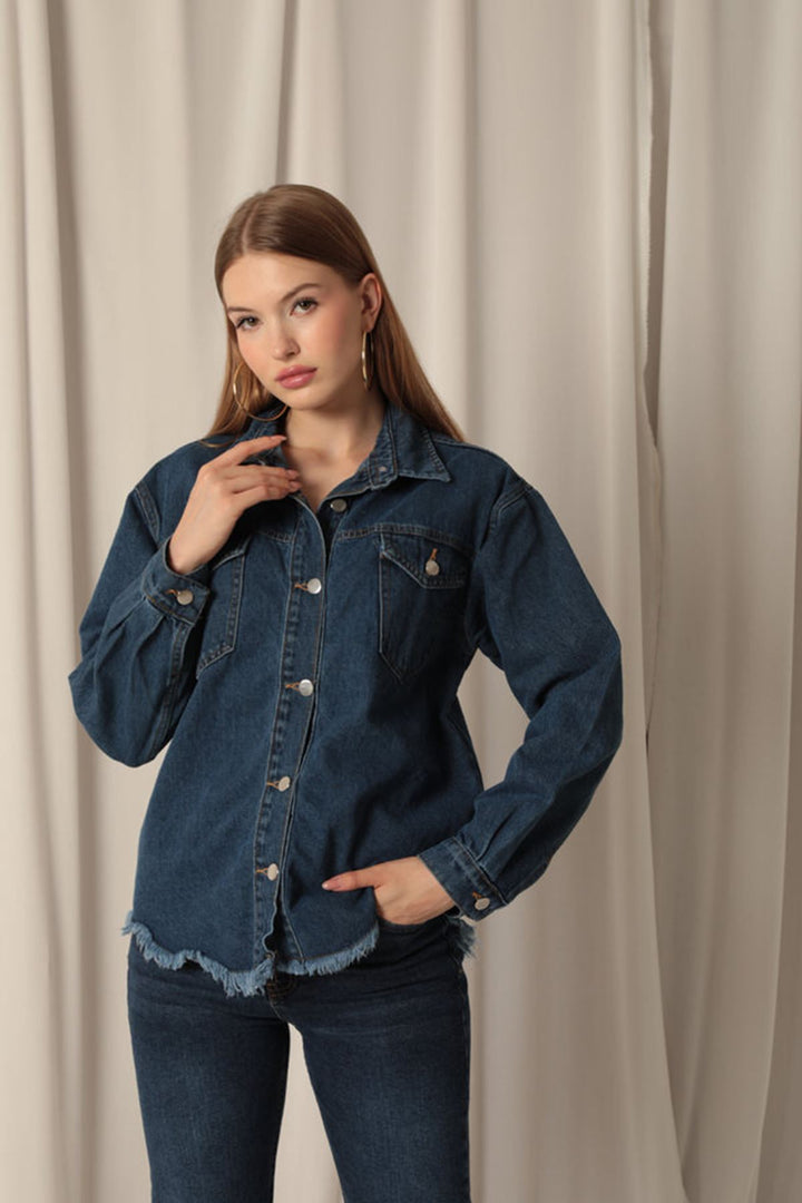 KKT Denim Fabric Pocket Detail Tassel Women's Blue Denim Jacket - Bootle