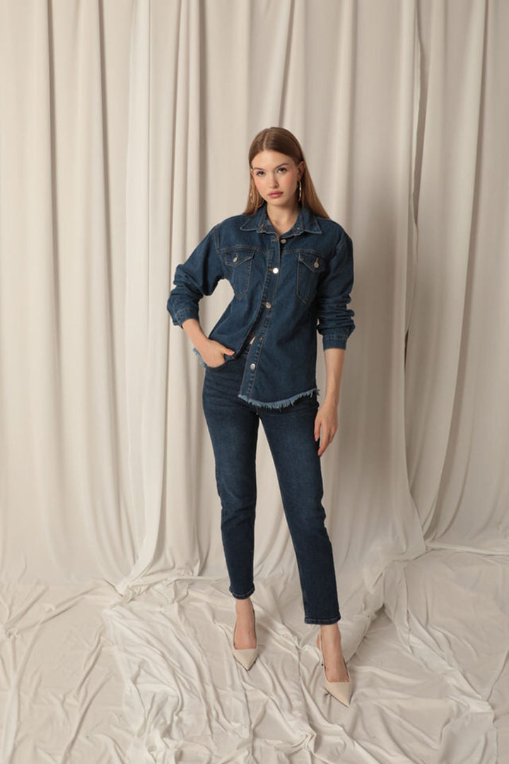 KKT Denim Fabric Pocket Detail Tassel Women's Blue Denim Jacket - Bootle