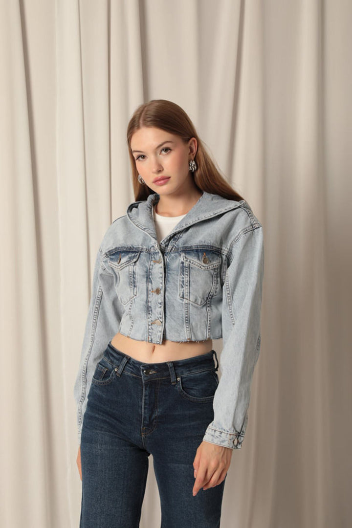 KKT Denim Fabric Hooded Short Women's Light Blue Denim Jacket - Balancán