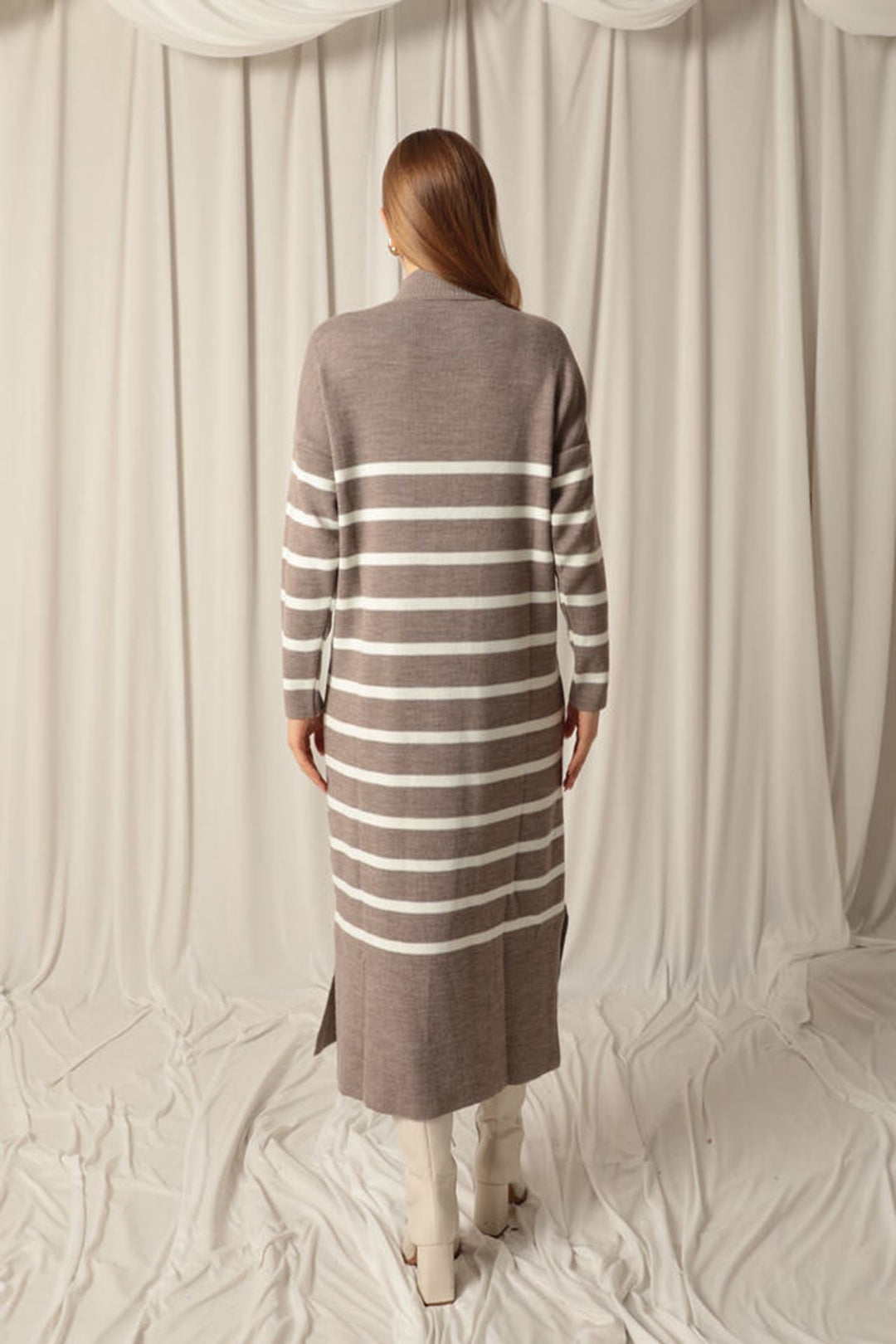 KKT Knit Fabric Turtleneck Striped Mink Dress - Corsico