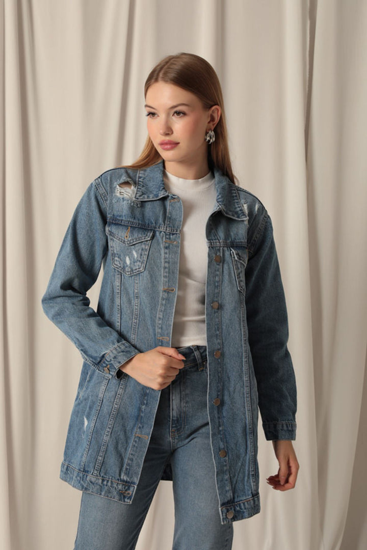 KKT Jean Fabric Long Women's Blue Denim Jacket - Stafford