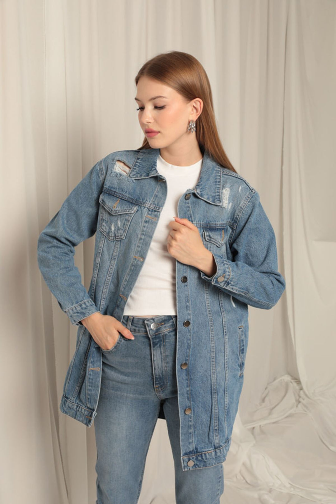 KKT Jean Fabric Long Women's Blue Denim Jacket - Stafford