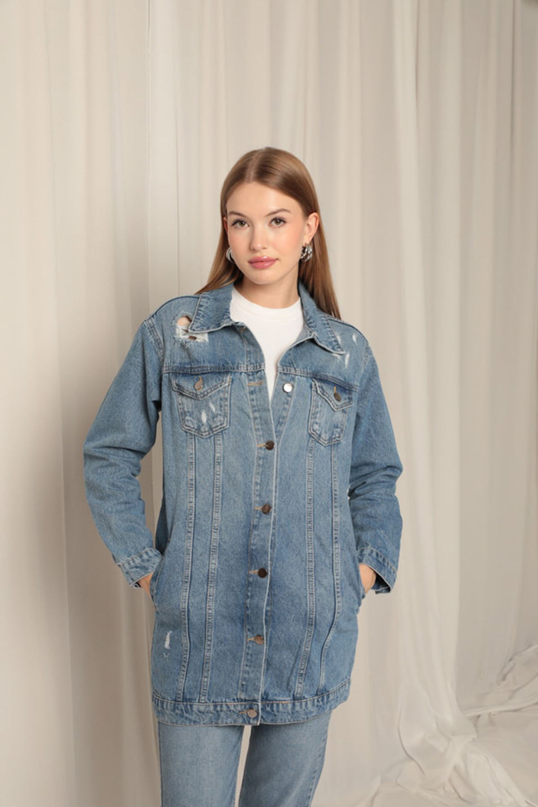 KKT Jean Fabric Long Women's Blue Denim Jacket - Stafford