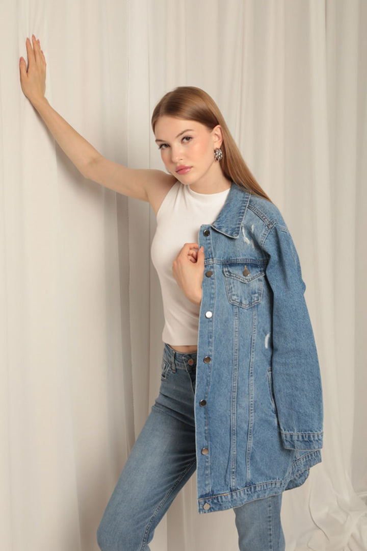 KKT Jean Fabric Long Women's Blue Denim Jacket - Stafford