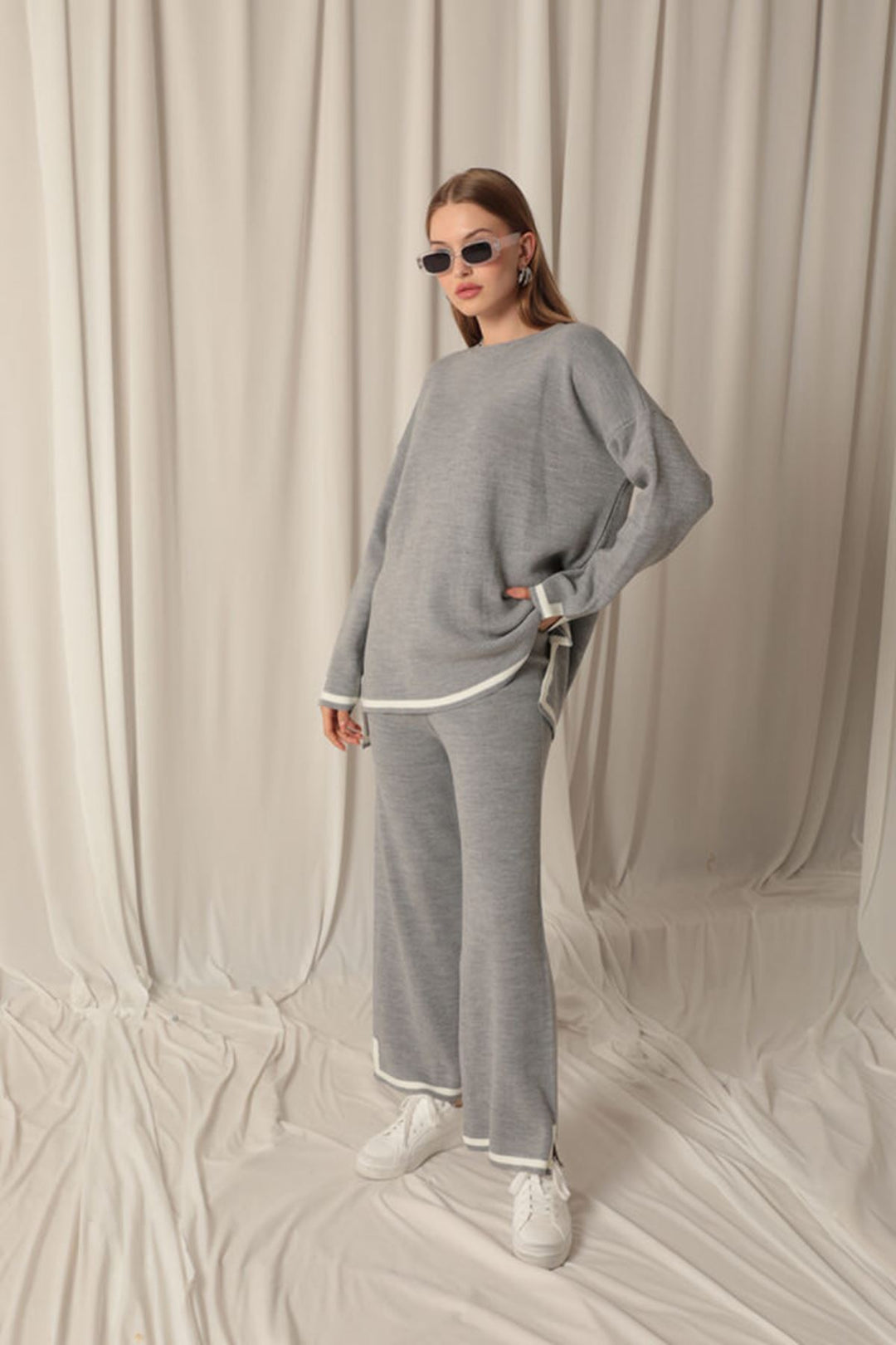 KKT Knitwear Fabric Thick Striped Women's Gray Suit - Tiel