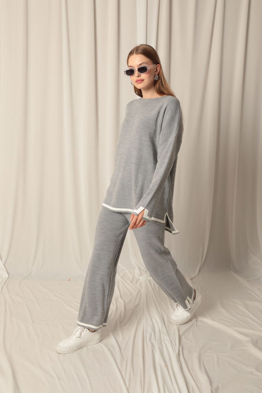 KKT Knitwear Fabric Thick Striped Women's Gray Suit - Tiel