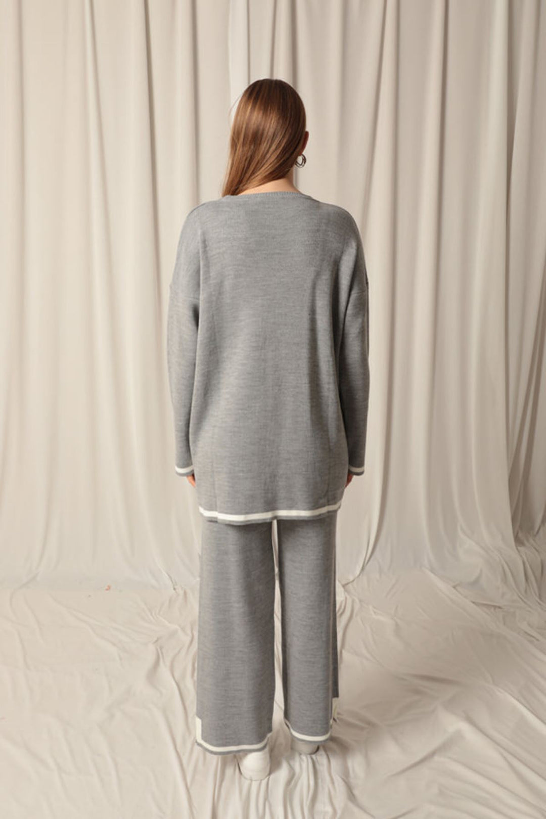 KKT Knitwear Fabric Thick Striped Women's Gray Suit - Tiel