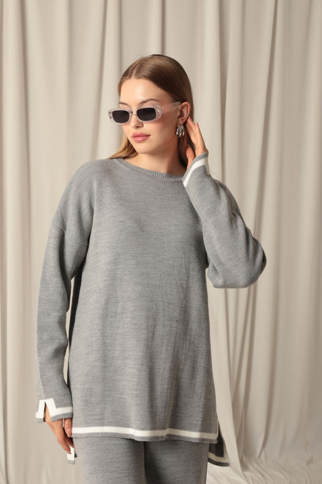 KKT Knitwear Fabric Thick Striped Women's Gray Suit - Tiel